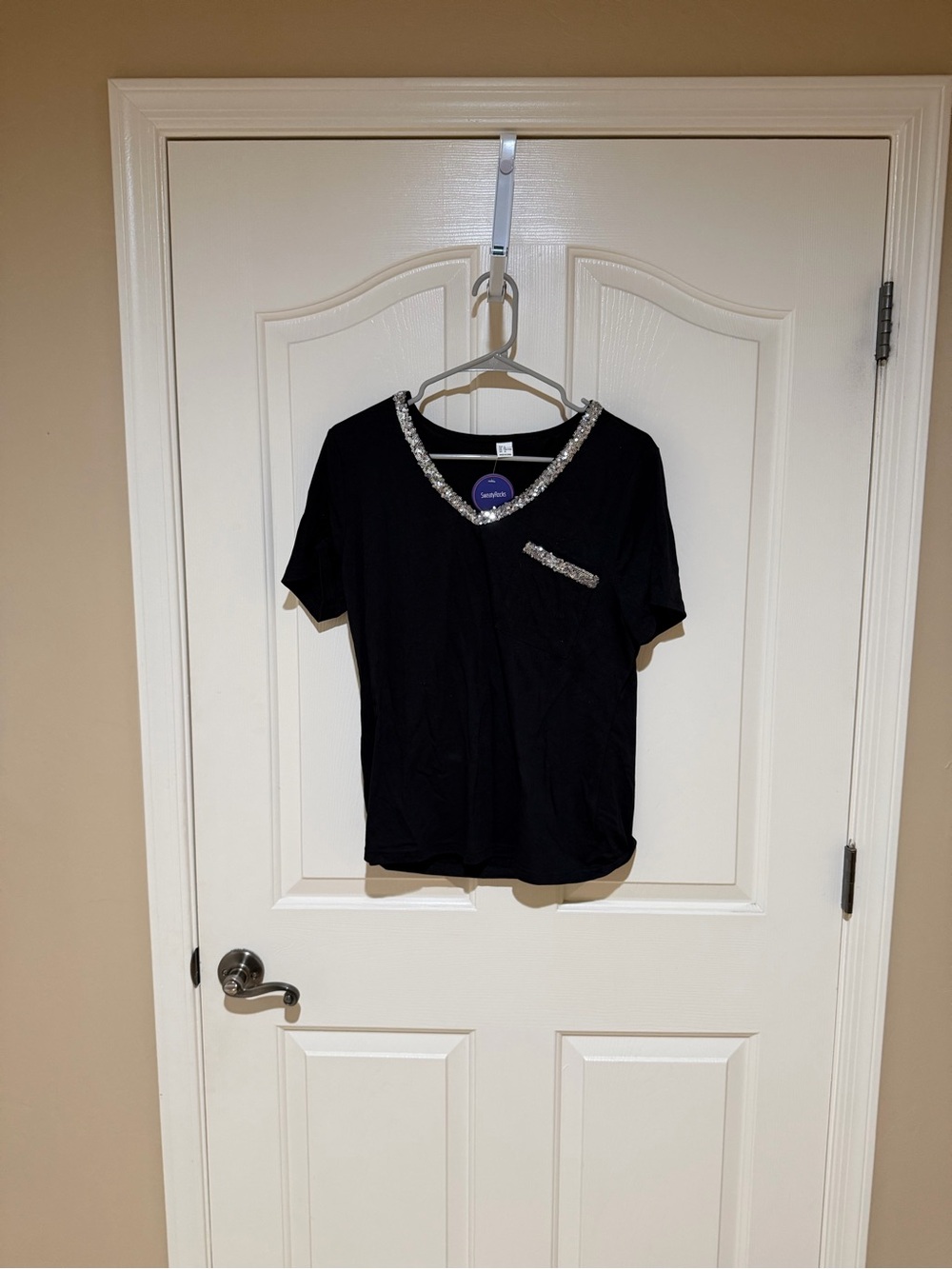 Black V-Neck Tee with Silver Sequin Trim